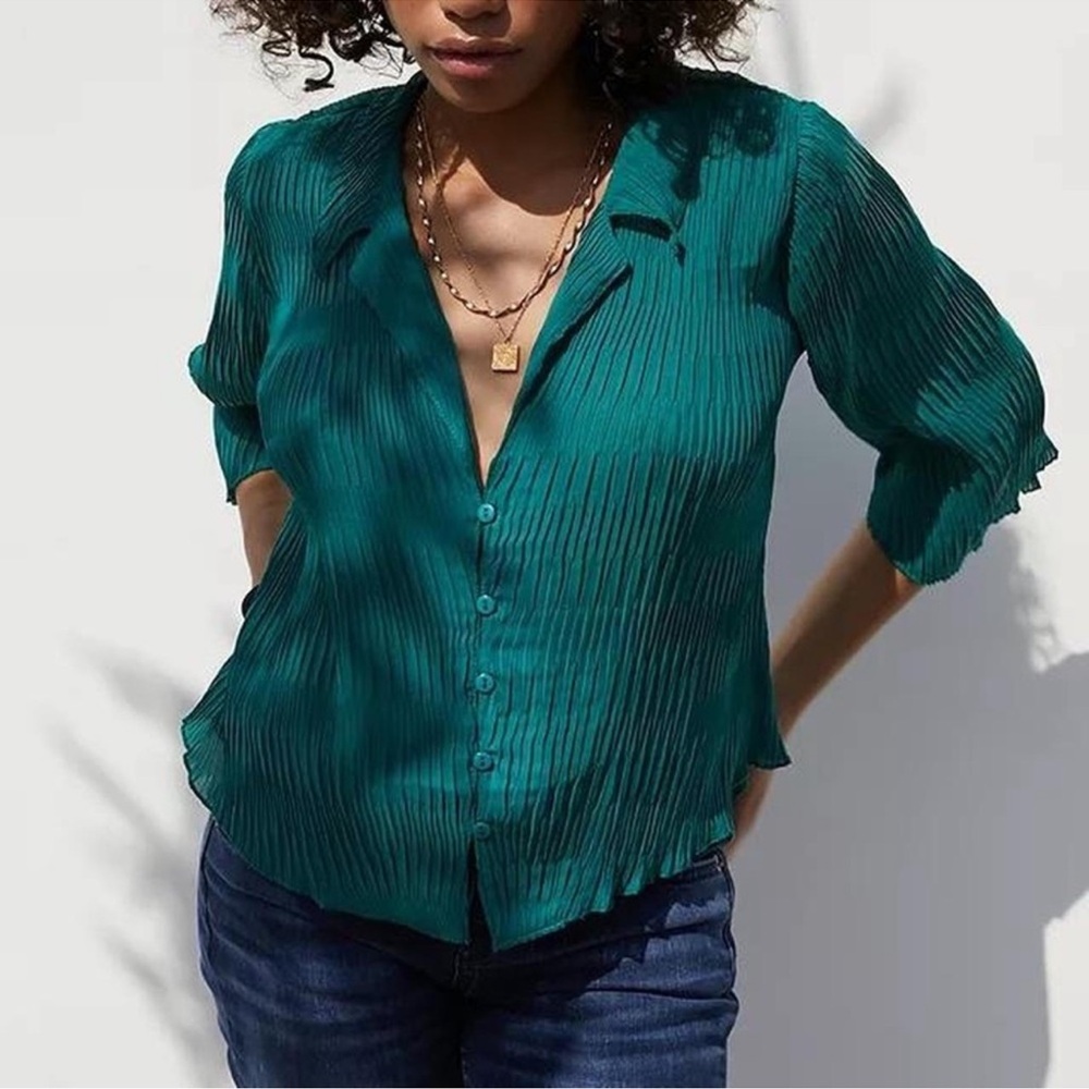 Urban Outfitters Plisse Ruffle Teal Blouse